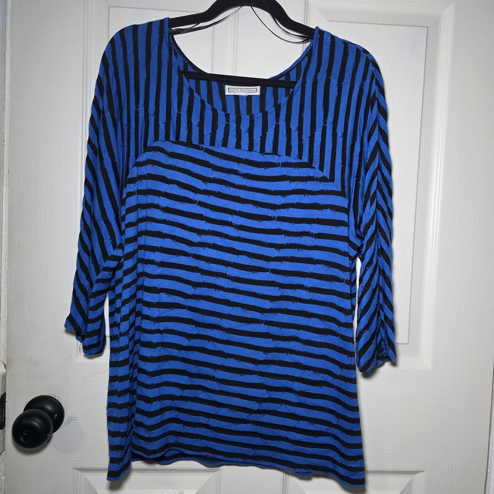 Dana Buchman Womens 3/4 Sleeve Textured Striped Blouse XL Stretch Blue Black